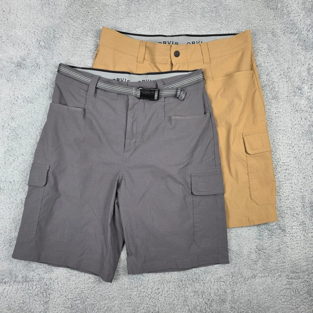 Orvis Cargo Shorts Mens 34 Grey Tan Lot of 2 Stretch Hiking Outdoor Utility Belt